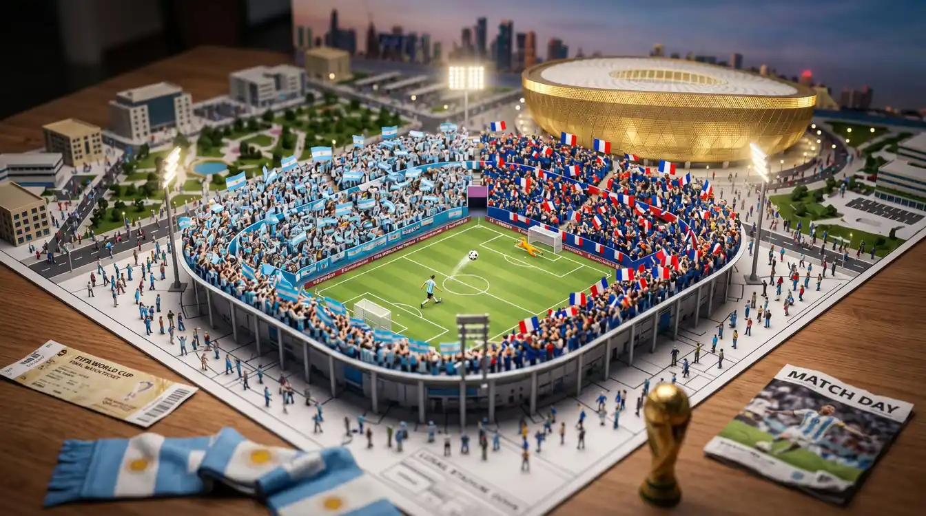 Football stadium map diorama prompt example of Lusail Stadium in Doha with a World Cup final blueprint, packed stands, and a penalty scene