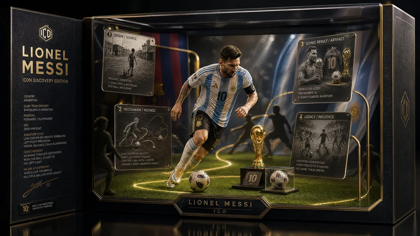 Football collectible prompt example showing a Lionel Messi luxury diorama box with acrylic display case, grayscale story panels, and World Cup trophy details