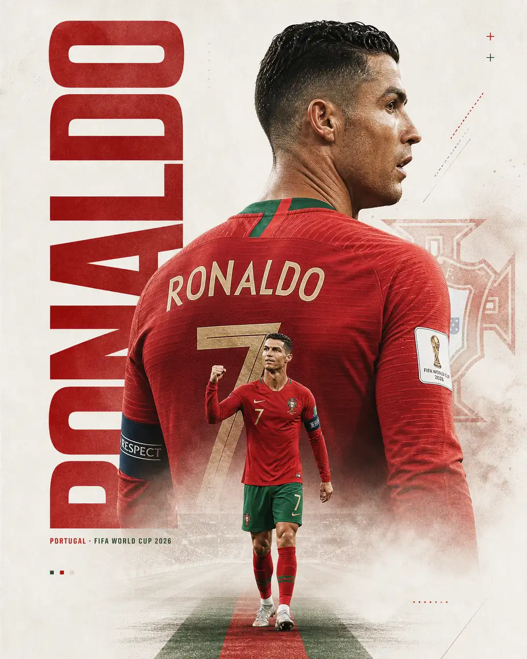 World Cup player poster prompt example showing a Portugal editorial poster with a dominant Ronaldo back profile and a smaller walking figure