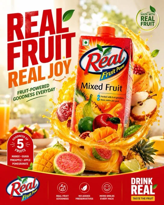 Juice Advertising Poster Prompt: Pack-Led Fruit Splash Campaigns