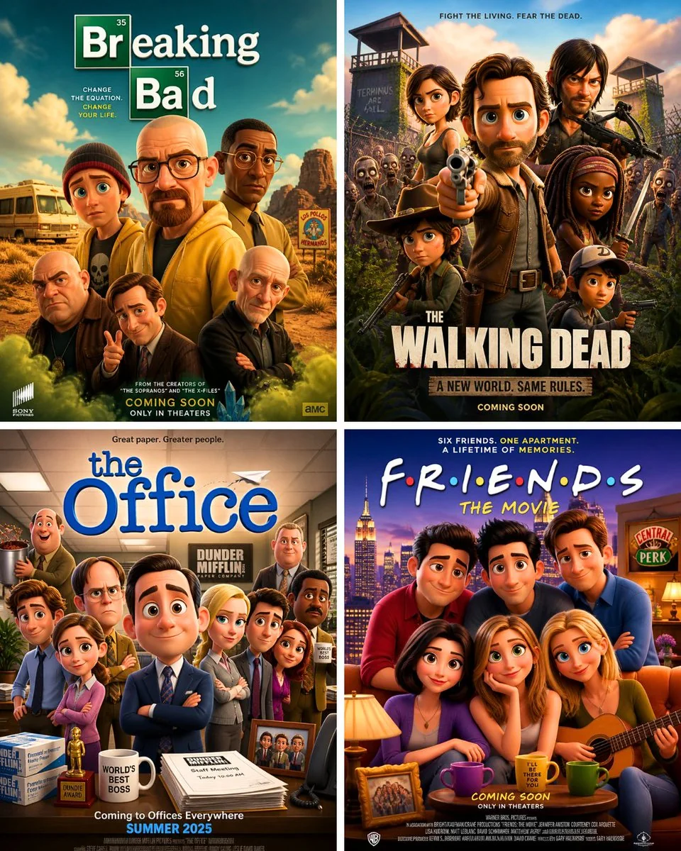 TV show Pixar-style movie poster prompt collage showing Breaking Bad, The Walking Dead, The Office, and Friends as glossy animated theatrical posters