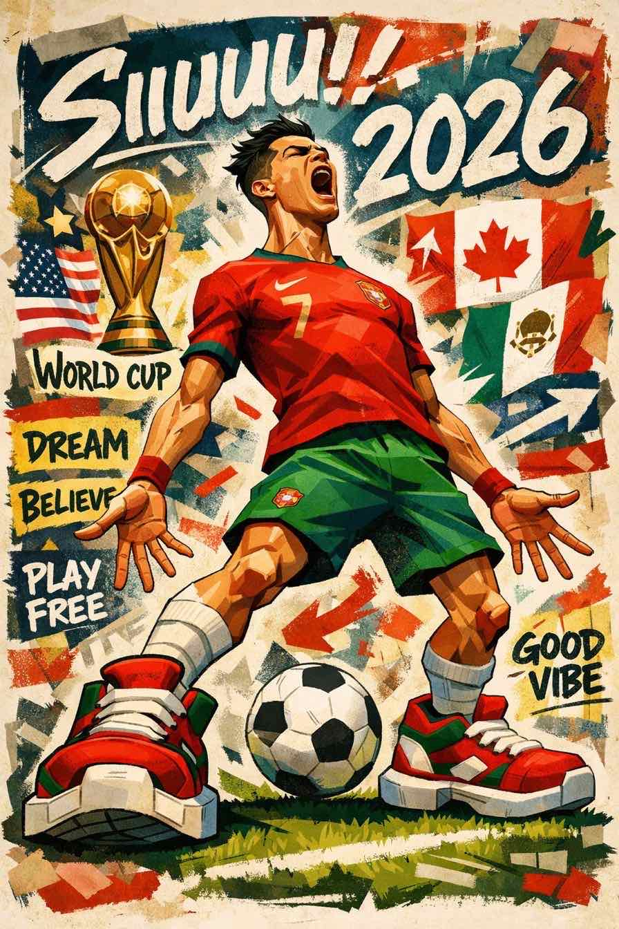 Cristiano Ronaldo style World Cup caricature poster with Portugal colors and huge sneakers