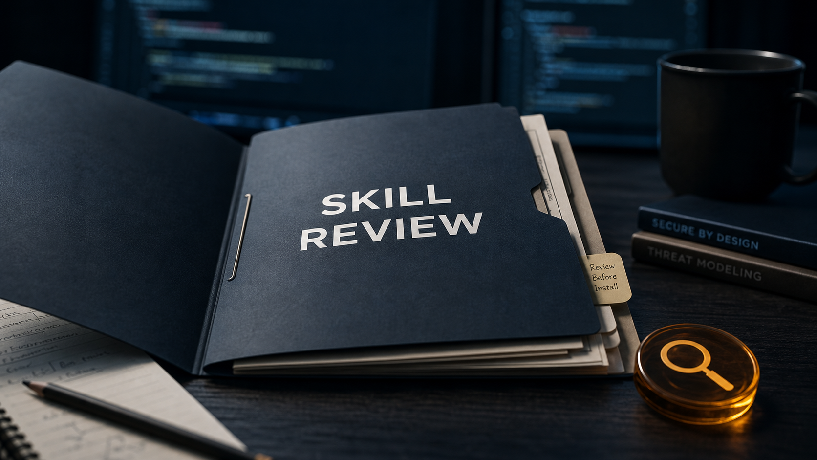 Skill review folder and magnifying glass for pre-install inspection of a Codex-compatible skill