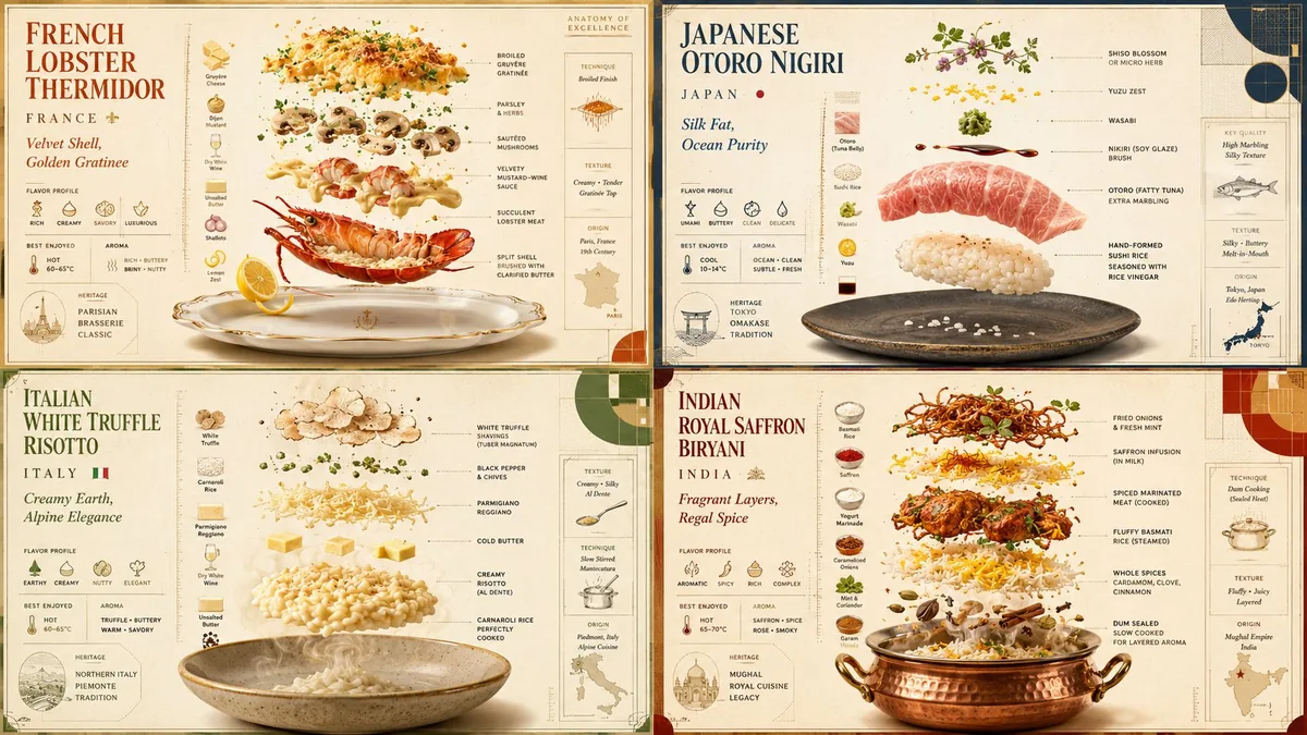 Luxury culinary poster prompt example showing four premium food diagrams in a warm 2x2 grid