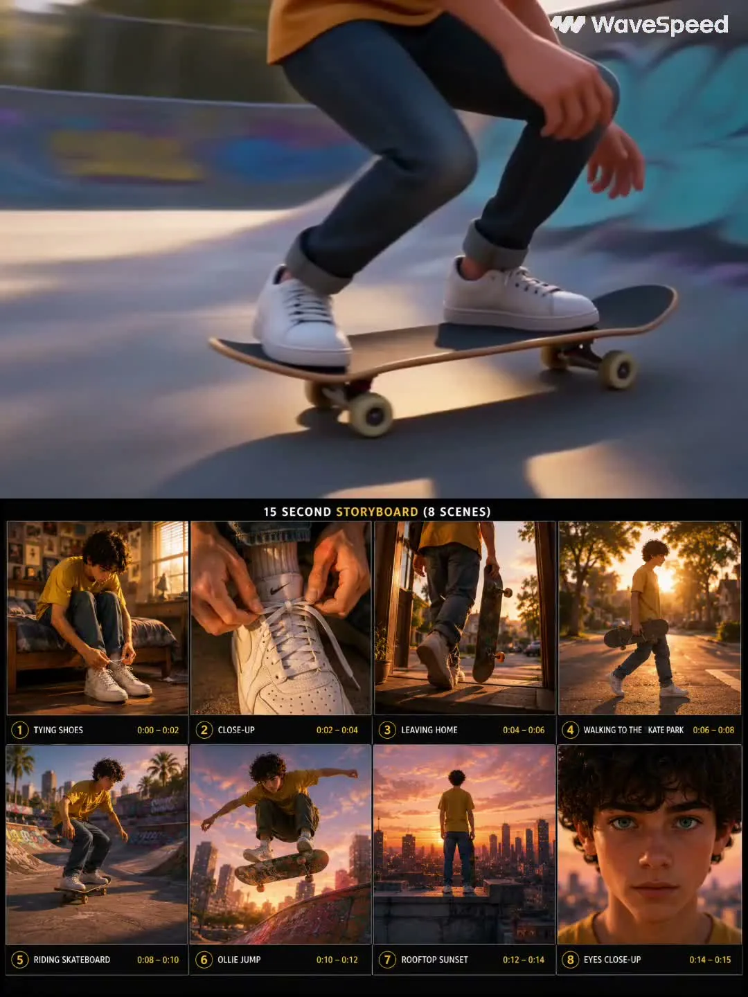Character consistency video prompt frame showing the same animated teenage skateboarder in a graffiti skate park