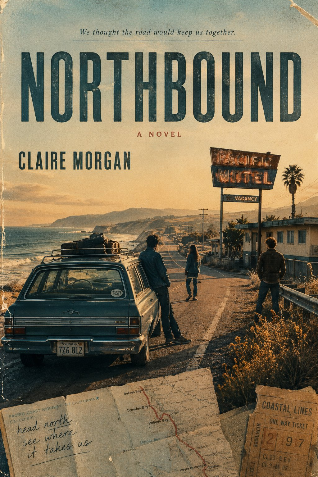 Coastal road novel cover example with a car, motel sign, figures, and vintage typography.
