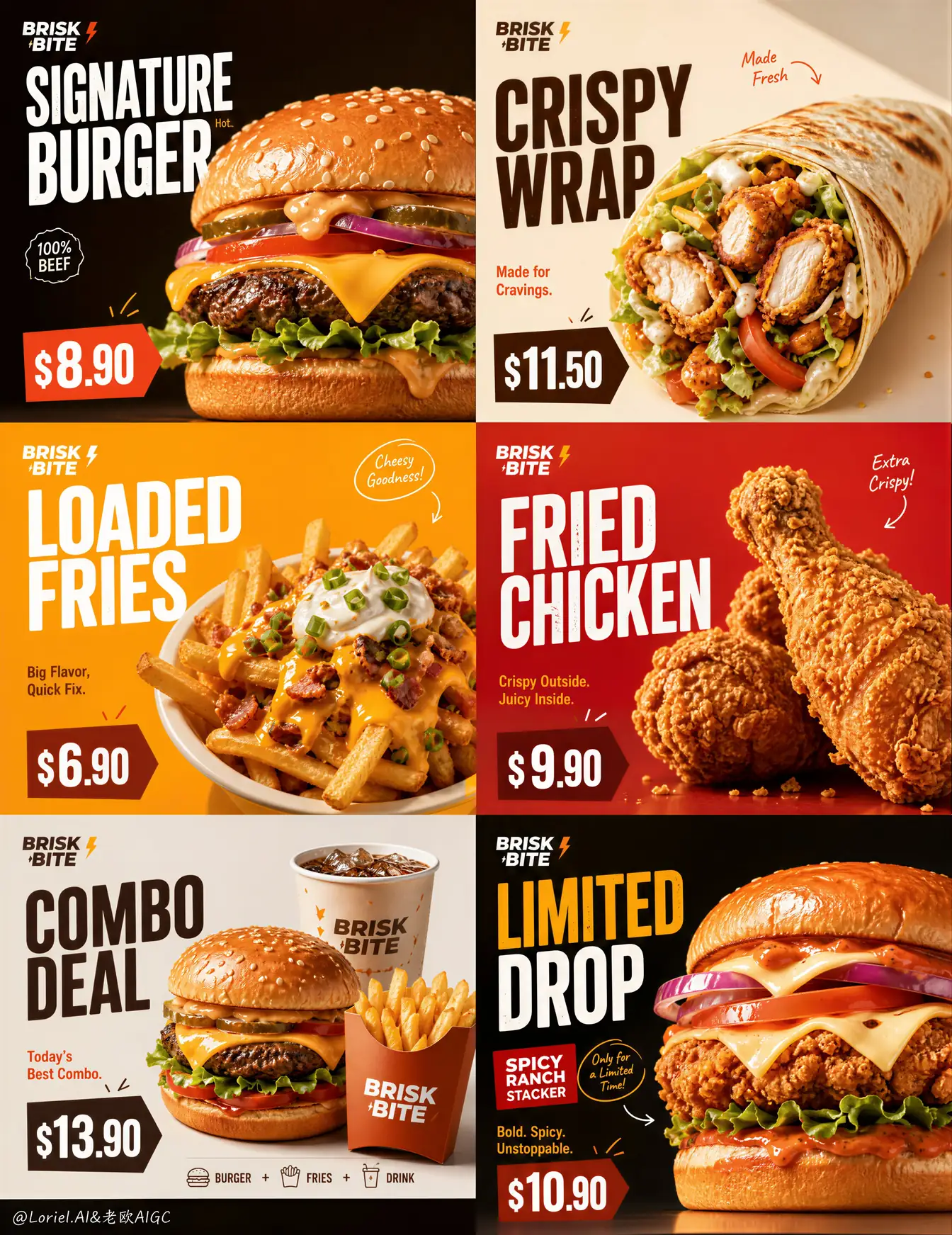 Fast Food Poster Prompt for a Six-Panel 2×3 Menu Campaign
