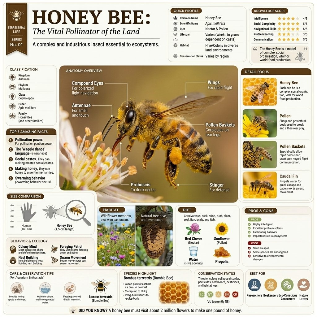 Honey bee educational infographic with labeled anatomy, quick profile, amazing facts, size comparison, habitat, diet, and conservation panels