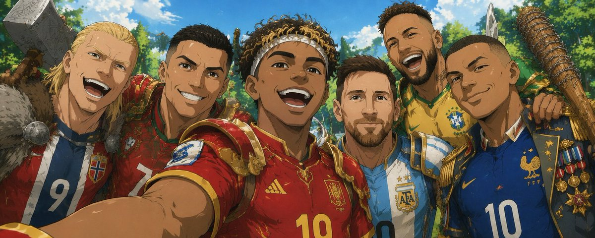 Anime World Cup video workflow cover showing Haaland, Ronaldo, Yamal, Messi, Neymar, and Mbappe as armored football warriors