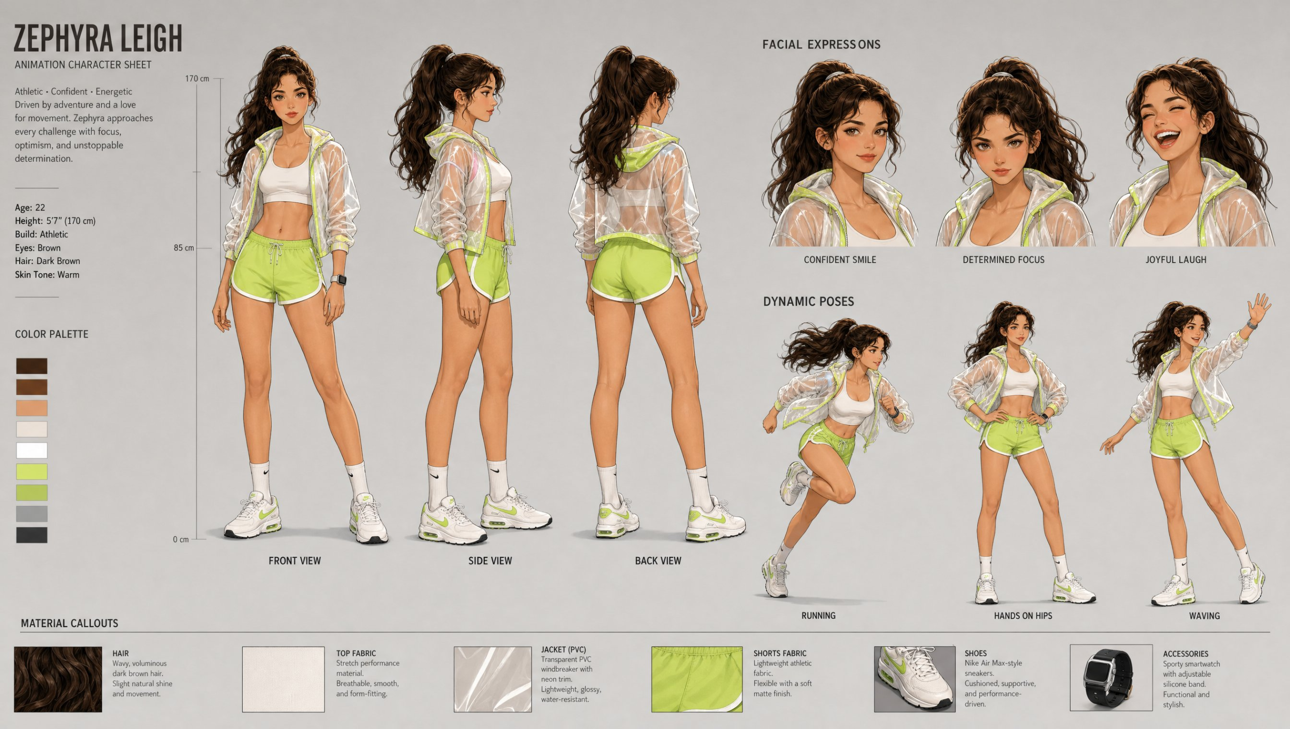 Animation character sheet example with front, side, and back views, facial expressions, dynamic poses, and material callouts