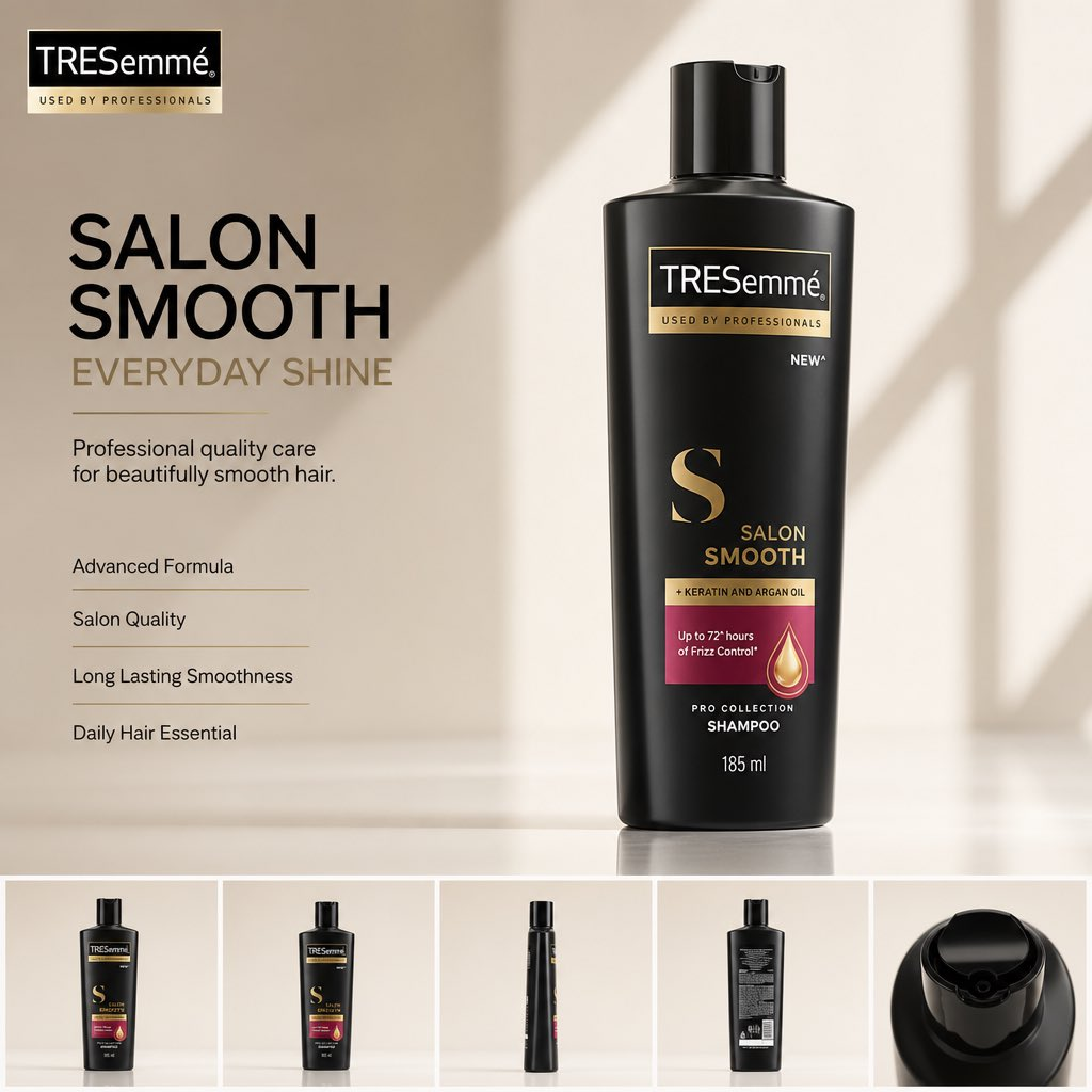 Beauty product ad prompt example with a premium shampoo bottle hero layout, headline text, feature list, and product angle strip
