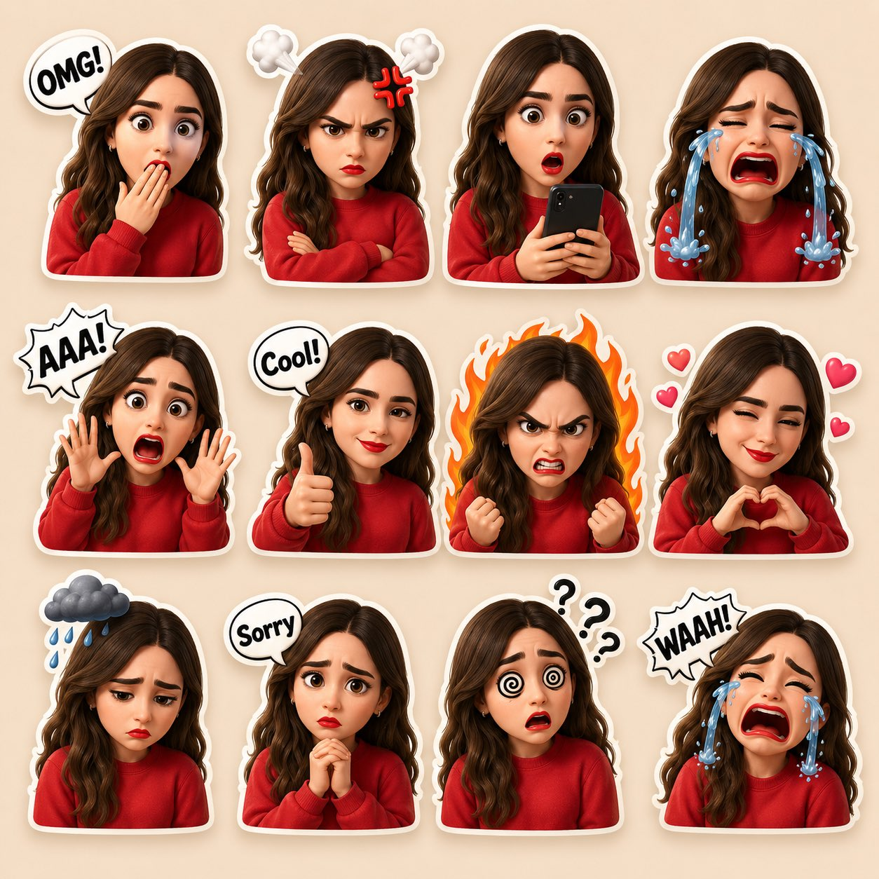 Portrait character rendered as a twelve-panel 3D cartoon reaction sticker grid