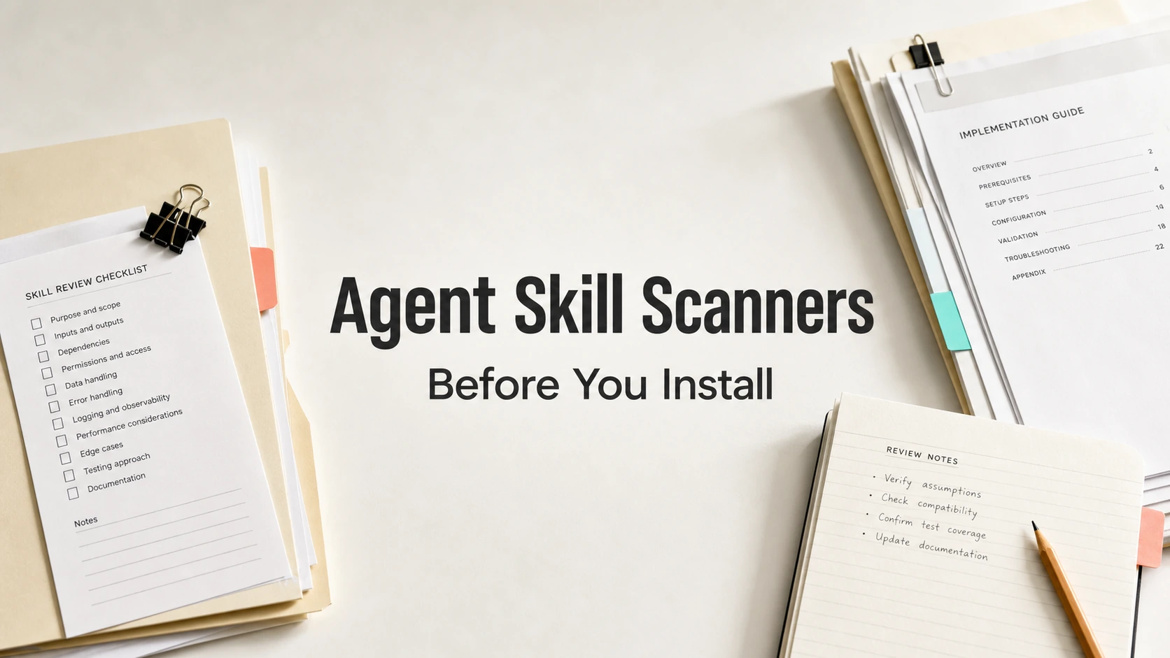 Agent Skill Scanners editorial cover with three sets of paper review materials on a light desk
