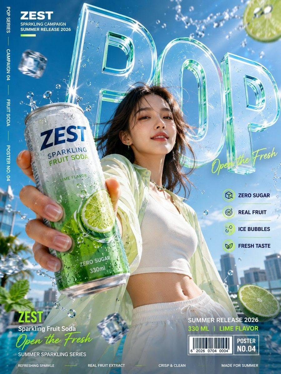 Sparkling soda campaign poster with a model holding a foreground can and oversized POP typography