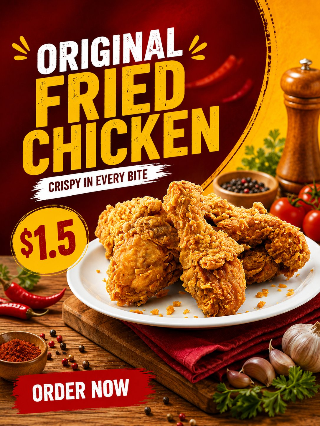 Vertical fried chicken restaurant poster with bold yellow and white typography, a price badge, and a plated product image