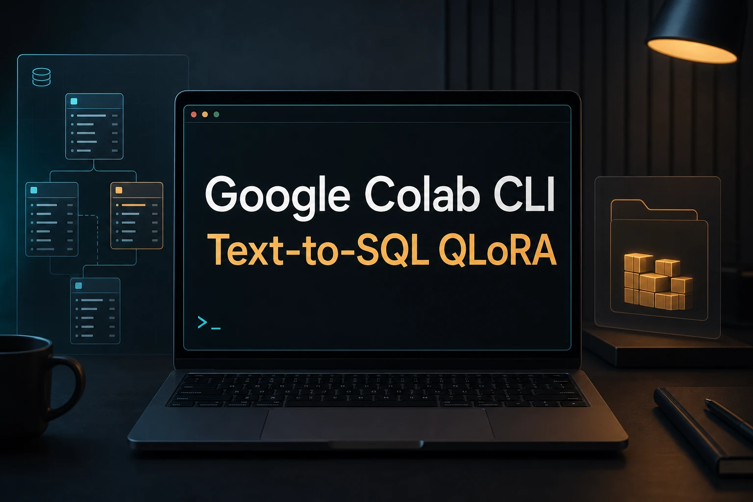 Google Colab CLI Text-to-SQL QLoRA editorial cover showing a centered terminal workspace with schema panels and adapter artifacts