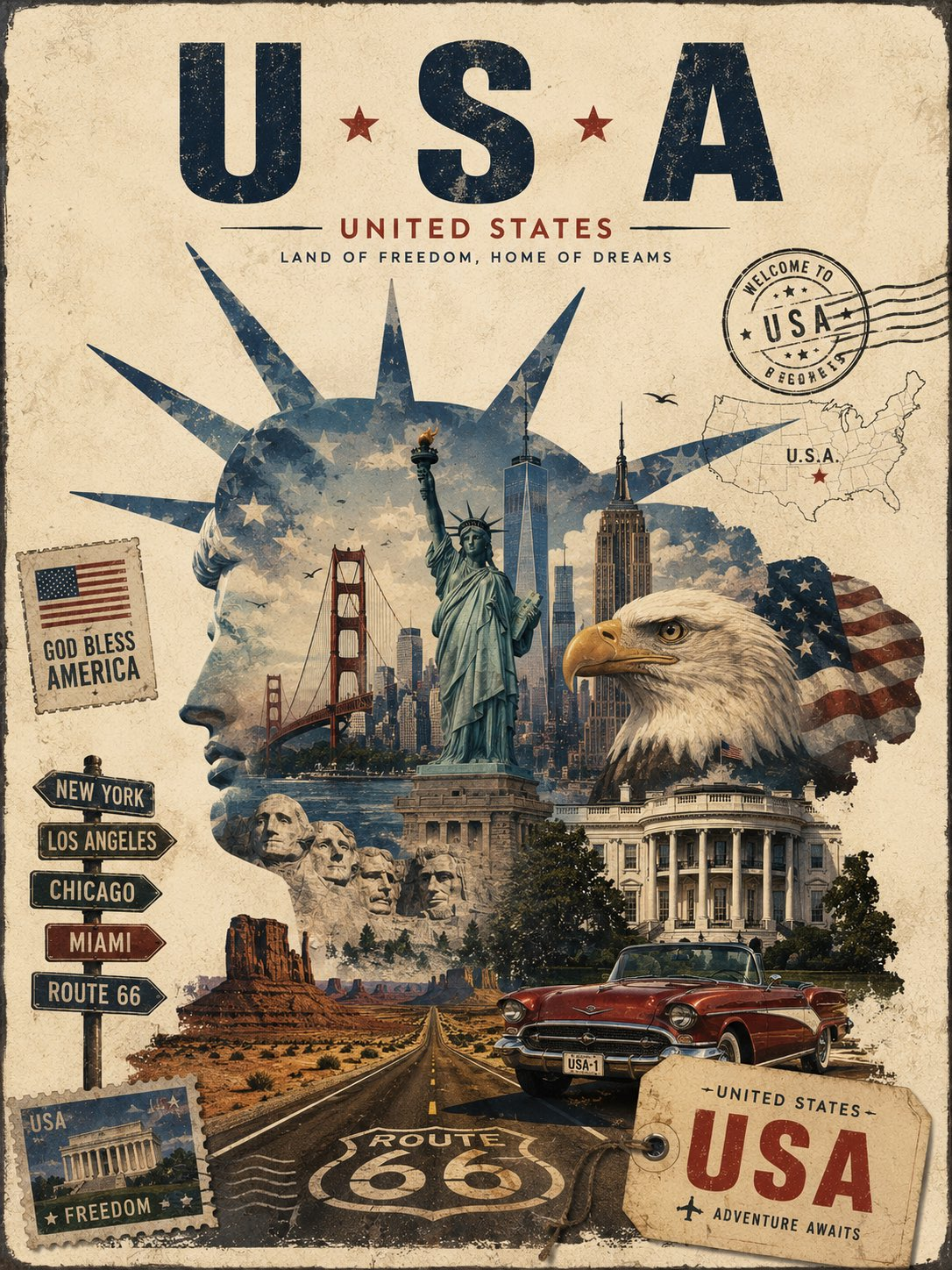 Vintage editorial travel collage poster with a landmark silhouette, postage stamp, travel marks, and aged-paper border