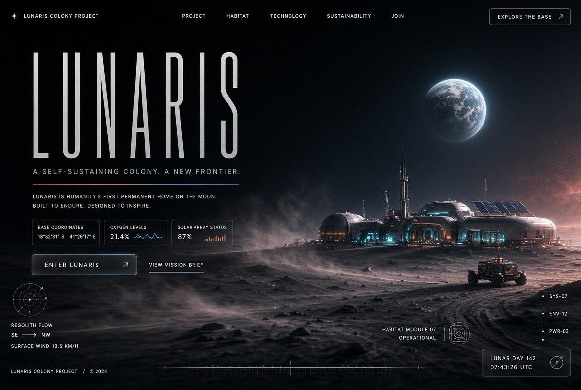 Dark editorial tech landing page hero with a lunar habitat, technical data panels, and cinematic blue and amber lighting