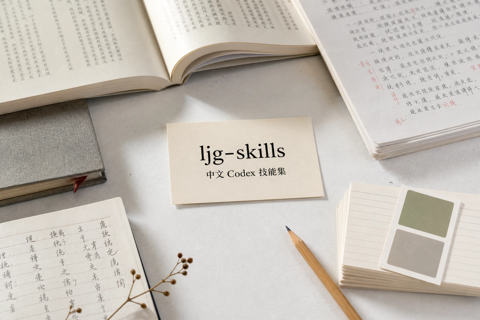 ljg-skills 中文 Codex 技能集封面，展示阅读材料、思考笔记与内容输出工作台