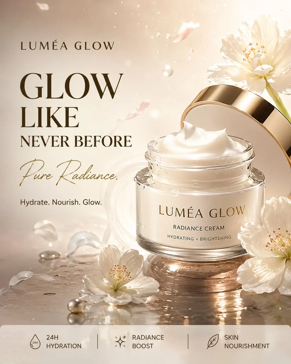 Luxury face cream advertisement with a frosted glass jar, gold lid, white flowers, and elegant campaign typography