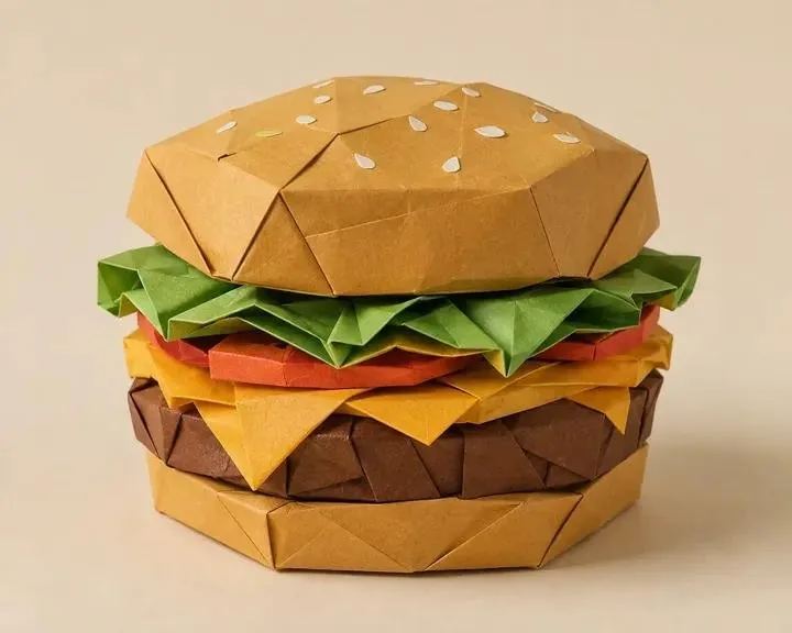 3D origami papercraft prompt example showing a layered cheeseburger on a beige studio backdrop