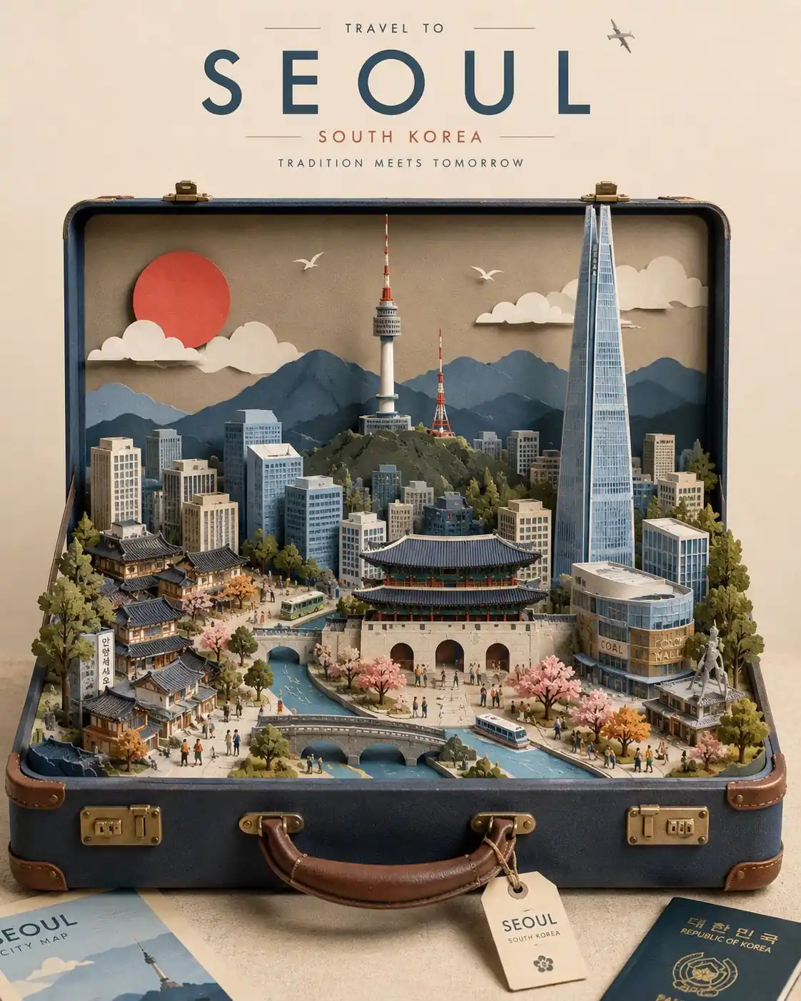 Paper cut travel poster prompt example with a miniature Seoul city inside a vintage suitcase