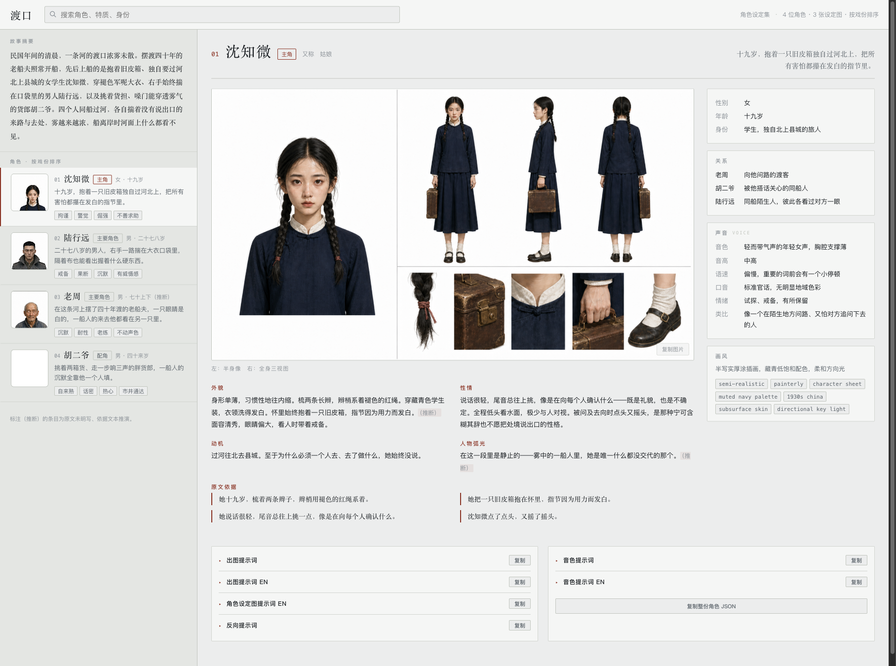 小说角色设定报告界面展示角色列表、关系图谱与人物画像