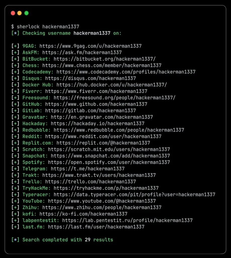 Sherlock username search terminal showing public profile results across multiple websites