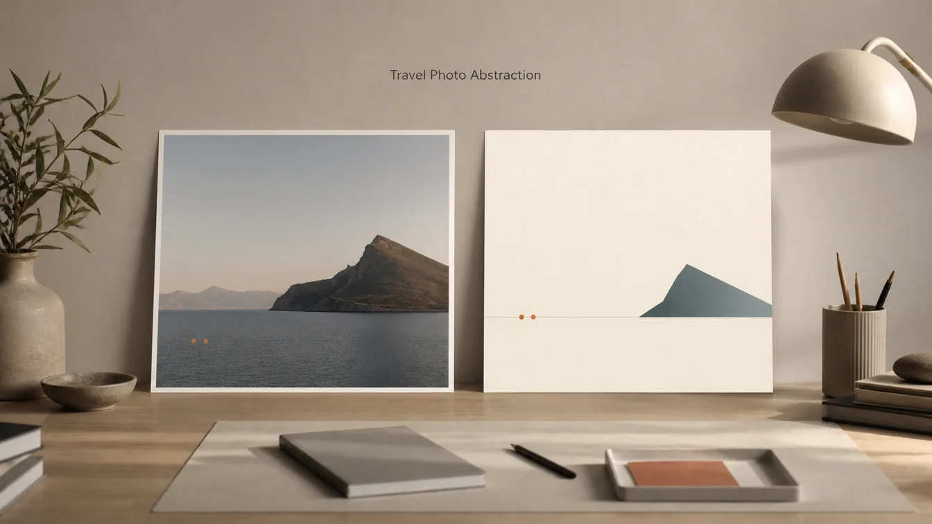 Travel photograph beside a sparse abstract panel for the travel photo abstraction skill