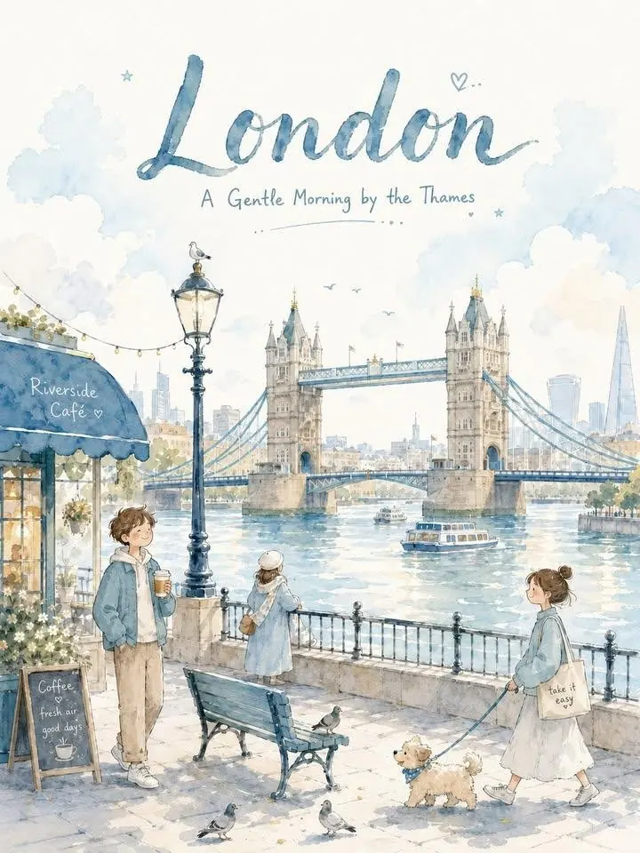 Watercolor city poster prompt example showing Tower Bridge and a quiet London riverside morning